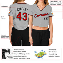 Load image into Gallery viewer, Custom Women's Gray Red-Black V-Neck Cropped Baseball Jersey