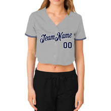 Load image into Gallery viewer, Custom Women's Gray Navy-White V-Neck Cropped Baseball Jersey