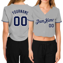 Load image into Gallery viewer, Custom Women's Gray Navy-White V-Neck Cropped Baseball Jersey