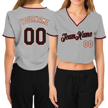 Load image into Gallery viewer, Custom Women's Gray Black Crimson-Cream V-Neck Cropped Baseball Jersey