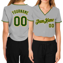 Load image into Gallery viewer, Custom Women's Gray Green-Gold V-Neck Cropped Baseball Jersey