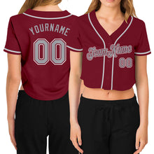 Load image into Gallery viewer, Custom Women's Crimson Gray-White V-Neck Cropped Baseball Jersey