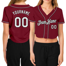 Load image into Gallery viewer, Custom Women's Crimson White-Black V-Neck Cropped Baseball Jersey