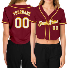 Load image into Gallery viewer, Custom Women's Crimson White-Gold V-Neck Cropped Baseball Jersey