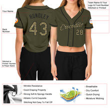 Load image into Gallery viewer, Custom Women's Olive Camo-Black Salute To Service V-Neck Cropped Baseball Jersey