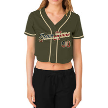 Load image into Gallery viewer, Custom Women's Olive Vintage USA Flag-Cream Salute To Service V-Neck Cropped Baseball Jersey