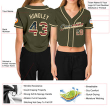 Load image into Gallery viewer, Custom Women's Olive Vintage USA Flag-Cream Salute To Service V-Neck Cropped Baseball Jersey