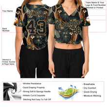 Load image into Gallery viewer, Custom Women's Black Black-Old Gold Tiger And Peacock 3D V-Neck Cropped Baseball Jersey
