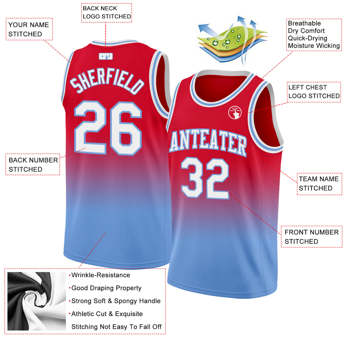 Custom Red White-Light Blue Authentic Fade Fashion Basketball Jersey Fast  Shipping – FiitgCustom