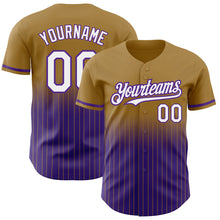 Load image into Gallery viewer, Custom Old Gold Pinstripe White-Purple Authentic Fade Fashion Baseball Jersey