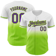 Load image into Gallery viewer, Custom White Pinstripe Purple-Neon Green Authentic Fade Fashion Baseball Jersey