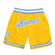 Load image into Gallery viewer, Custom Gold White Pinstripe Light Blue-White Authentic Basketball Shorts