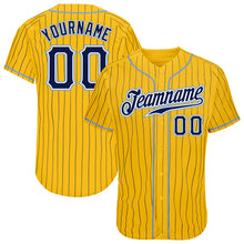 Load image into Gallery viewer, Custom Yellow Navy Pinstripe Navy-Light Blue Authentic Baseball Jersey
