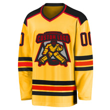 Load image into Gallery viewer, Custom Gold Black-Red Hockey Jersey