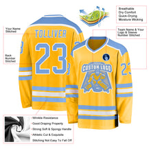 Load image into Gallery viewer, Custom Gold Light Blue-White Hockey Jersey