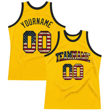 Load image into Gallery viewer, Custom Gold Vintage USA Flag-Black Authentic Throwback Basketball Jersey
