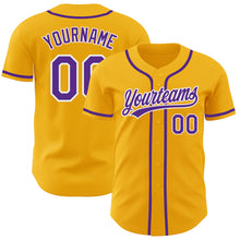 Load image into Gallery viewer, Custom Gold Purple-White Authentic Baseball Jersey