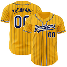Load image into Gallery viewer, Custom Gold Navy Pinstripe Navy-White Authentic Baseball Jersey