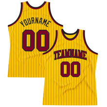 Load image into Gallery viewer, Custom Gold Black Pinstripe Maroon Authentic Basketball Jersey