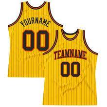 Load image into Gallery viewer, Custom Gold Black Pinstripe Black-Orange Authentic Basketball Jersey