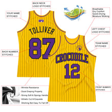 Load image into Gallery viewer, Custom Gold Black Pinstripe Purple Authentic Basketball Jersey