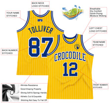 Load image into Gallery viewer, Custom Gold White Pinstripe Royal Authentic Basketball Jersey