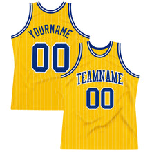 Load image into Gallery viewer, Custom Gold White Pinstripe Royal Authentic Basketball Jersey