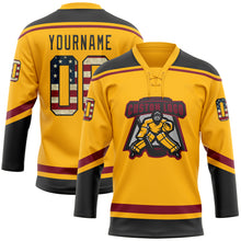 Load image into Gallery viewer, Custom Gold Vintage USA Flag Black-Crimson Hockey Lace Neck Jersey