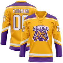 Load image into Gallery viewer, Custom Gold White-Purple Hockey Lace Neck Jersey