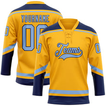 Load image into Gallery viewer, Custom Gold Light Blue-Navy Hockey Lace Neck Jersey