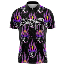 Load image into Gallery viewer, Custom Black White-Purple 3D Pattern Design Flame Billiards 8 Ball Performance Polo Shirt