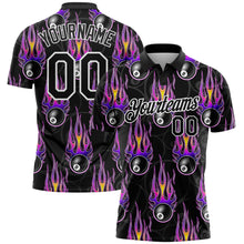 Load image into Gallery viewer, Custom Black White-Purple 3D Pattern Design Flame Billiards 8 Ball Performance Polo Shirt