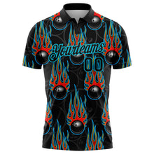 Load image into Gallery viewer, Custom Black Lakes Blue 3D Pattern Design Bowling Ball With Hotrod Flame Performance Polo Shirt