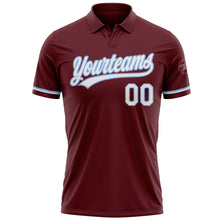 Load image into Gallery viewer, Custom Burgundy White-Light Blue Performance Vapor Golf Polo Shirt