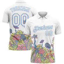 Load image into Gallery viewer, Custom White Light Blue 3D Pattern Design Colorful Flowers And Mushrooms Psychedelic Hallucination Performance Golf Polo Shirt