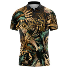 Load image into Gallery viewer, Custom Black Old Gold 3D Pattern Design Golden And Green Tropical Leaves In The Style Of Jungle And Hawaii Performance Golf Polo Shirt
