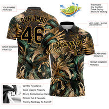 Load image into Gallery viewer, Custom Black Old Gold 3D Pattern Design Golden And Green Tropical Leaves In The Style Of Jungle And Hawaii Performance Golf Polo Shirt