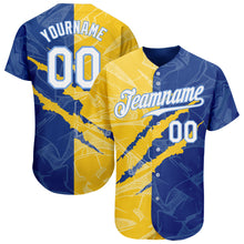 Load image into Gallery viewer, Custom Graffiti Pattern White Yellow Royal-Light Blue 3D Scratch Authentic Baseball Jersey