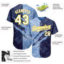 Load image into Gallery viewer, Custom Graffiti Pattern White Navy Light Blue-Yellow 3D Scratch Authentic Baseball Jersey