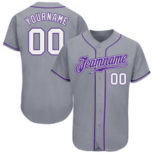 Load image into Gallery viewer, Custom Gray White-Purple Authentic Baseball Jersey