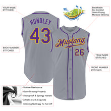 Load image into Gallery viewer, Custom Gray Purple-Gold Authentic Sleeveless Baseball Jersey