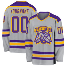 Load image into Gallery viewer, Custom Gray Purple-Gold Hockey Jersey