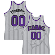 Load image into Gallery viewer, Custom Gray Black Pinstripe Purple Authentic Basketball Jersey