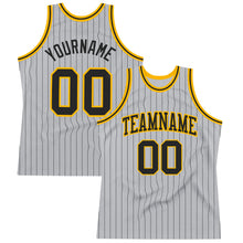 Load image into Gallery viewer, Custom Gray Black Pinstripe Black-Gold Authentic Basketball Jersey