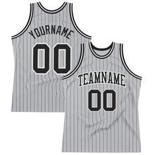 Load image into Gallery viewer, Custom Gray Black Pinstripe Black-White Authentic Basketball Jersey