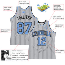 Load image into Gallery viewer, Custom Gray Black Pinstripe Light Blue Authentic Basketball Jersey