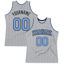 Load image into Gallery viewer, Custom Gray Black Pinstripe Light Blue Authentic Basketball Jersey