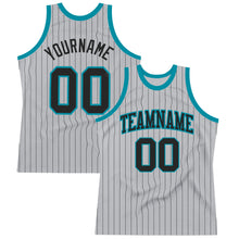 Load image into Gallery viewer, Custom Gray Black Pinstripe Black-Teal Authentic Basketball Jersey