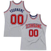 Load image into Gallery viewer, Custom Gray Navy Pinstripe Red-White Authentic Basketball Jersey
