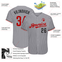 Load image into Gallery viewer, Custom Gray Black Pinstripe Red-White Authentic Baseball Jersey